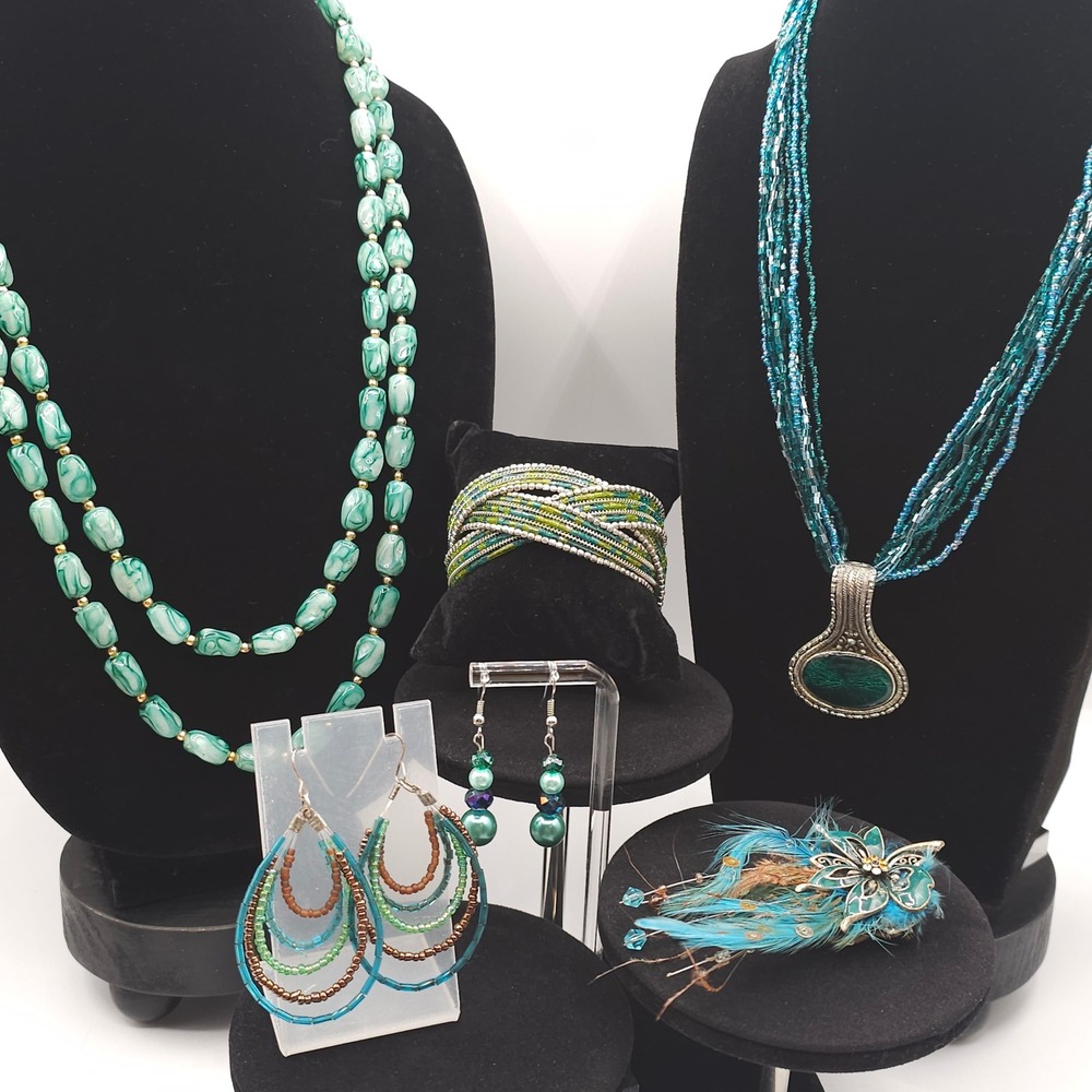 Vtg Jewelry Lot 6pc Peacock Teal Bead Boho Coastal Necklace Earrings Bracelet